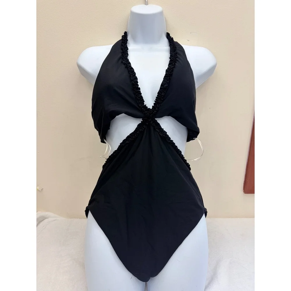Mimi Flamingo One Piece Swimsuit Womens 10 Black Cutout Ruffle Halter NWT $129